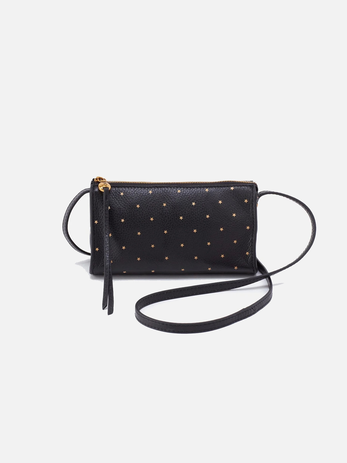 hobo jewel crossbody bag in printed pebbled leather black and gold stars