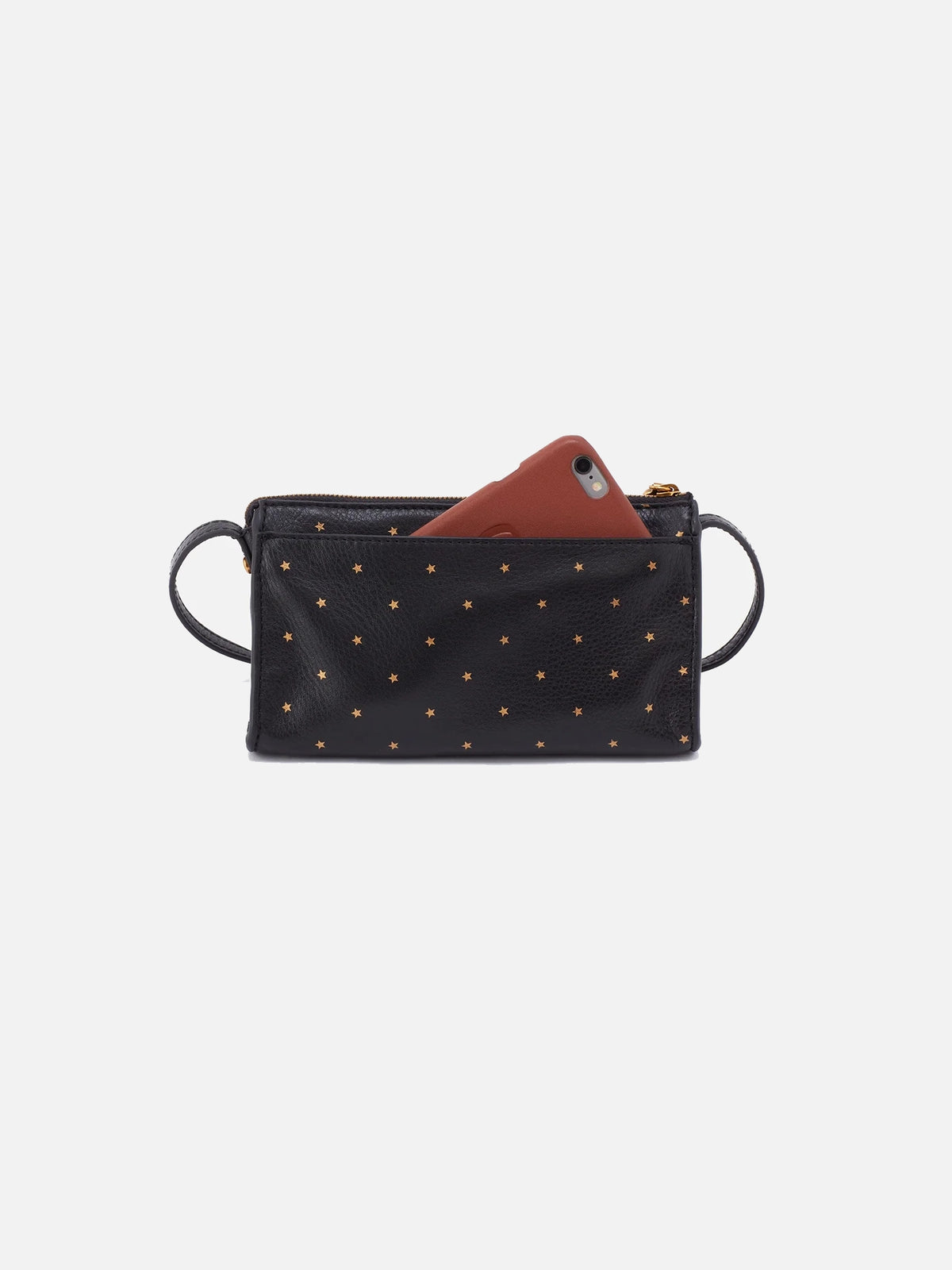 hobo jewel crossbody bag in printed pebbled leather black and gold stars