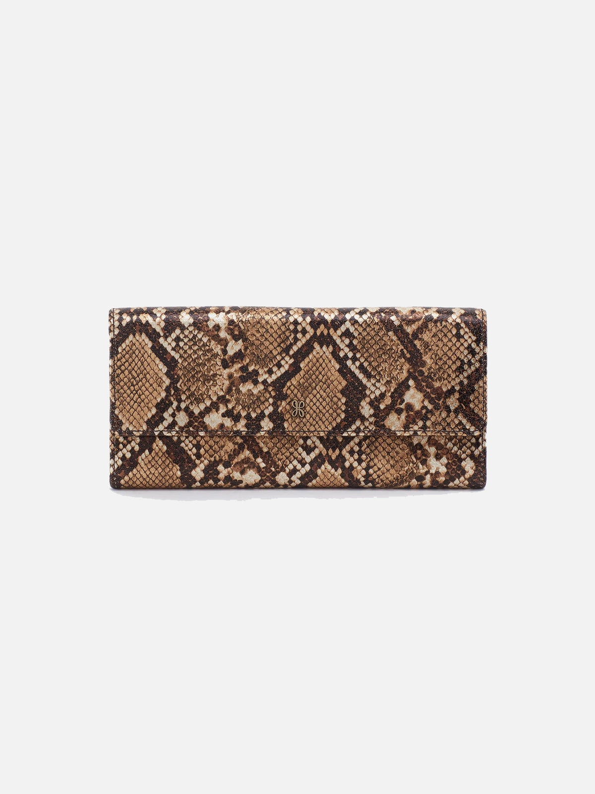 hobo jill large trifold continental wallet in golden snake printed leather