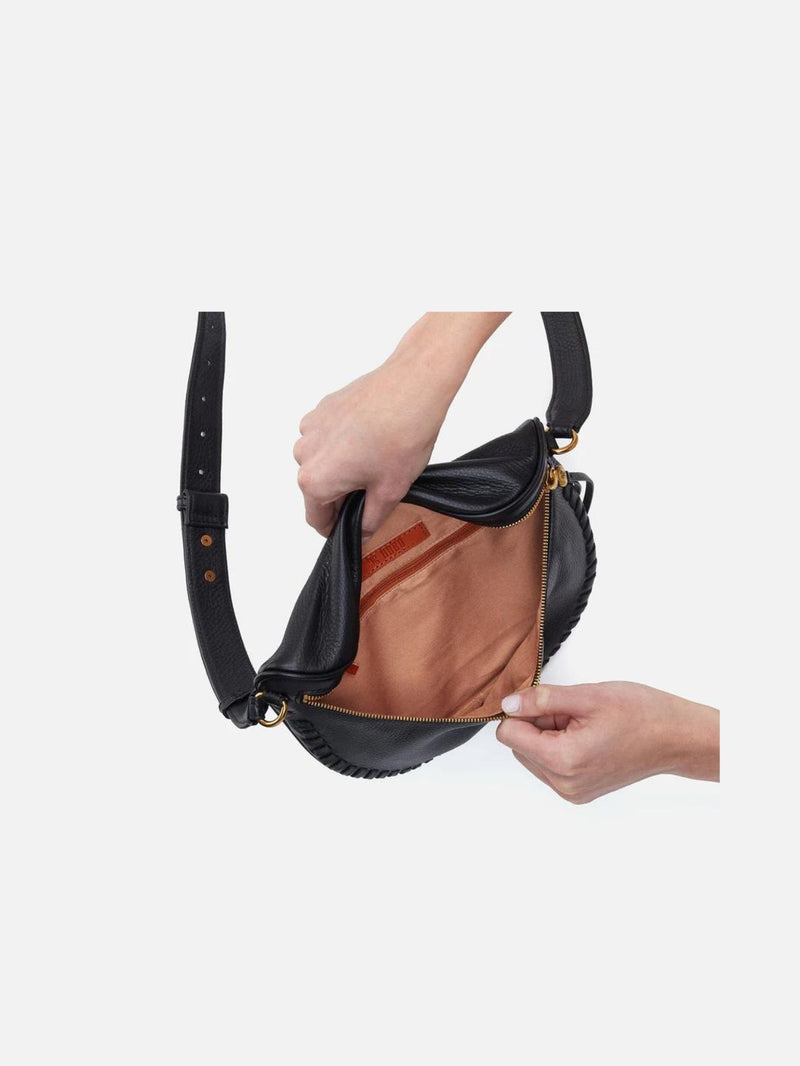 hobo juno pebbled leather belt bag in black whipstitch-inside