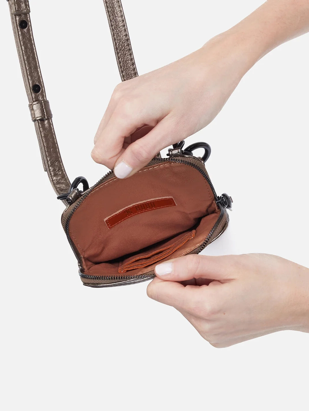 hobo nila phone crossbody bag in pewter metallic pebbled leather