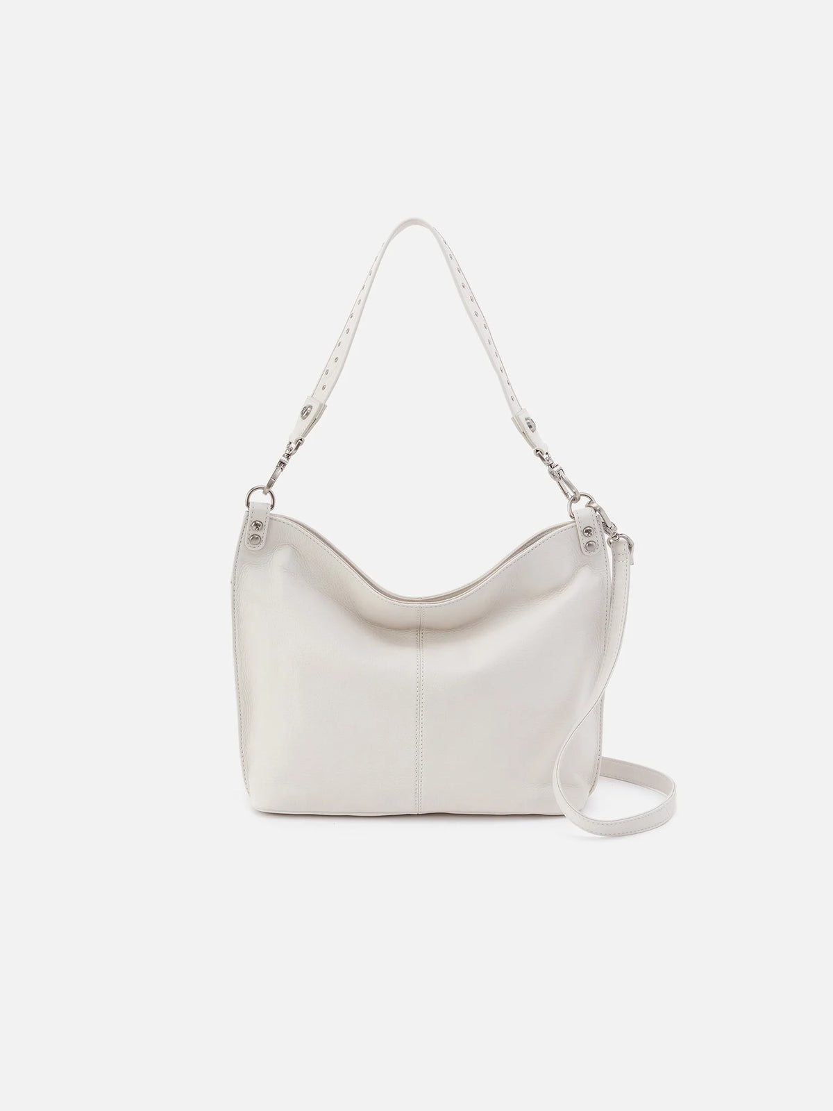hobo pier studded shoulder crossbody pebbled leather in white-front view