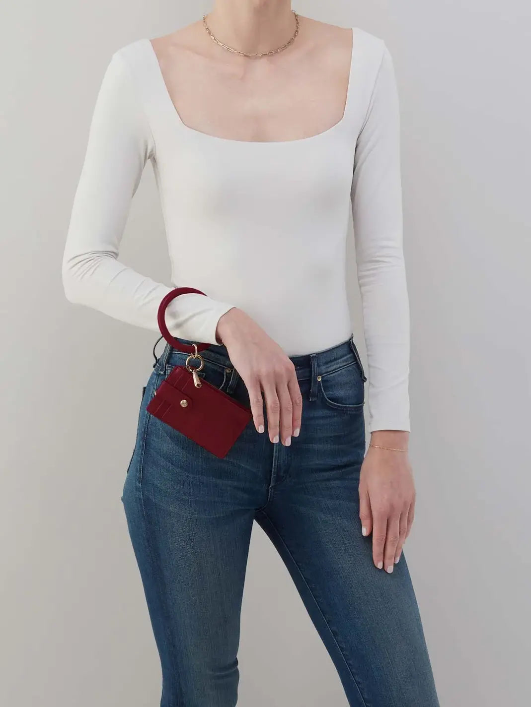 HOBO Ring Credit Card Wristlet Polished Leather Saddleberry