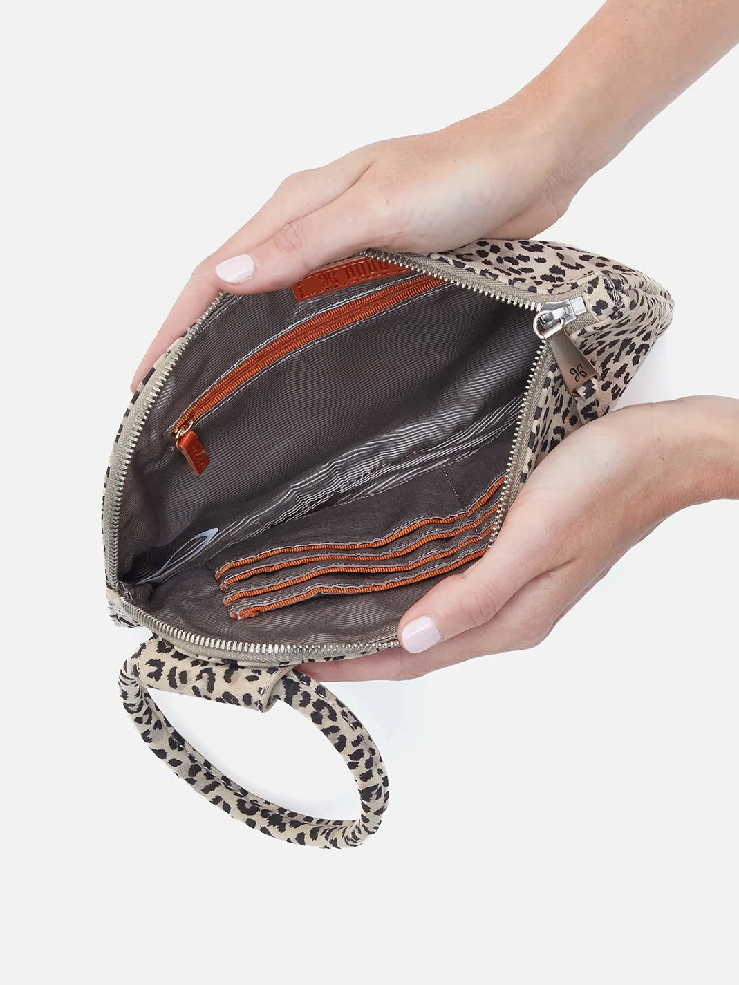 hobo sable wristlet in mini leopard printed leather