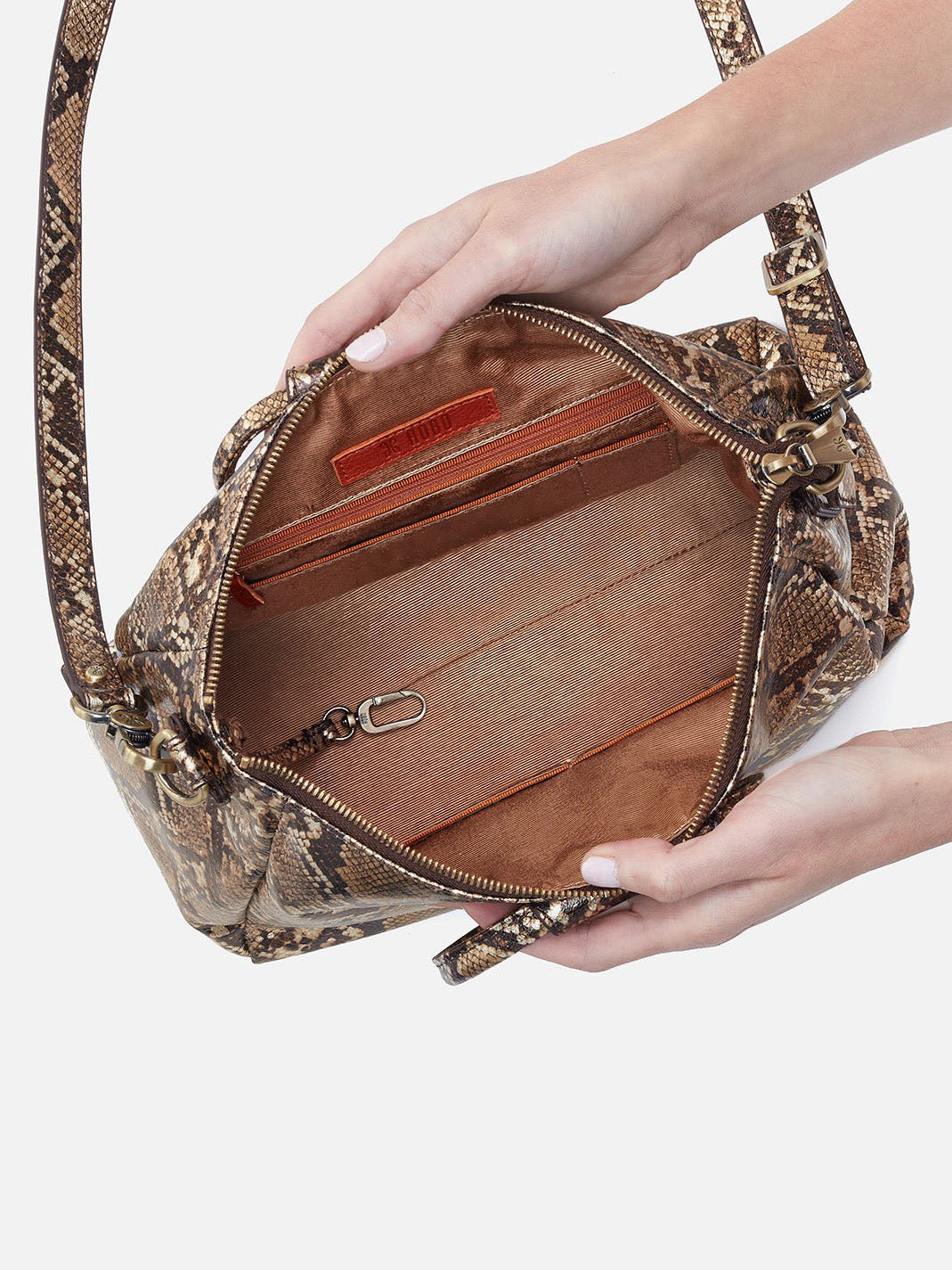 hobo sheila medium satchel in golden snake printed leather