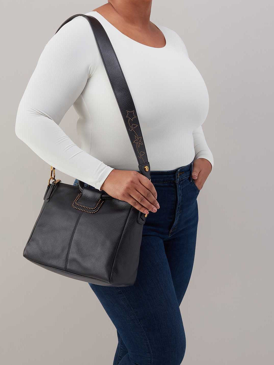 HOBO Sheila Studs Medium Satchel Black Pebbled Leather