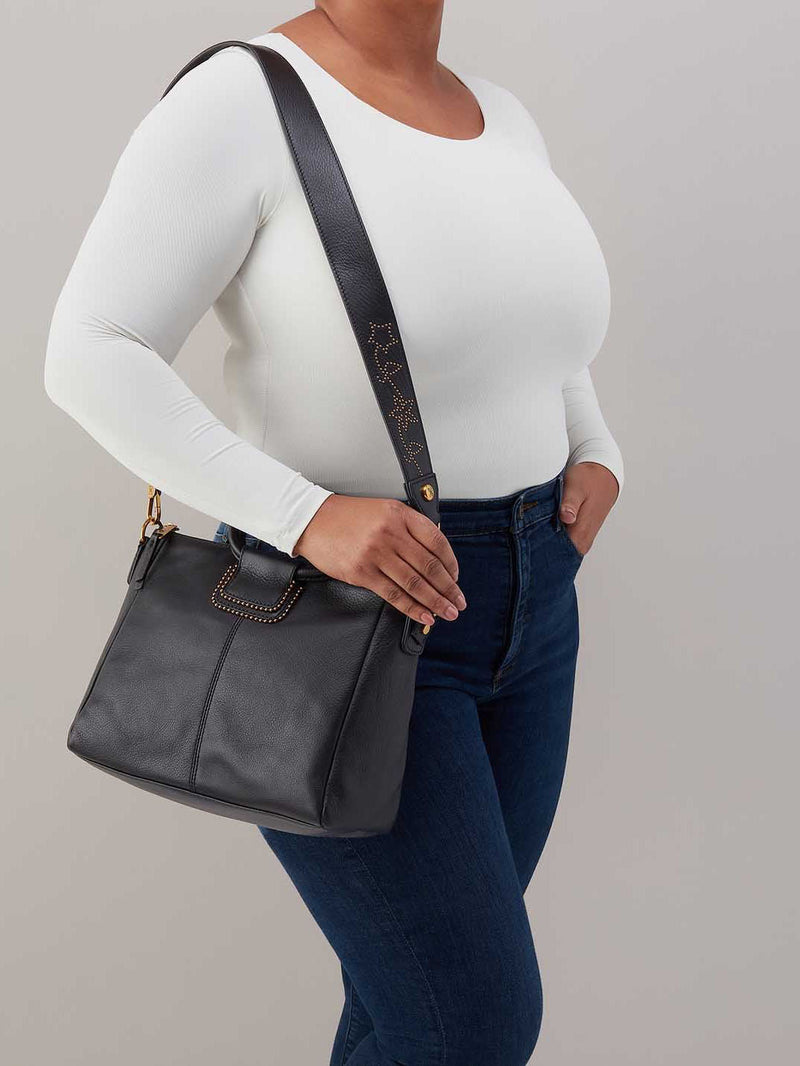 HOBO Sheila Studs Medium Satchel Black Pebbled Leather