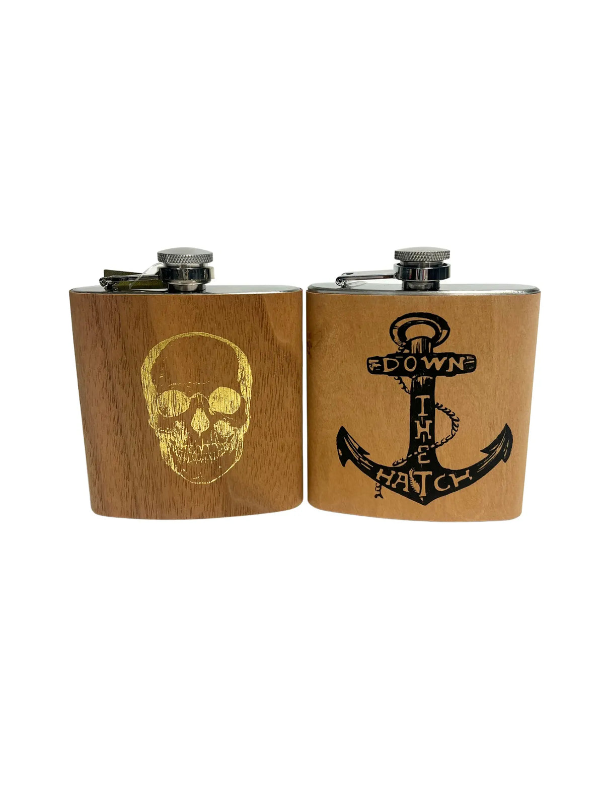 Illustrated Wood Flasks Gold Foil Skull Down The Hatch
