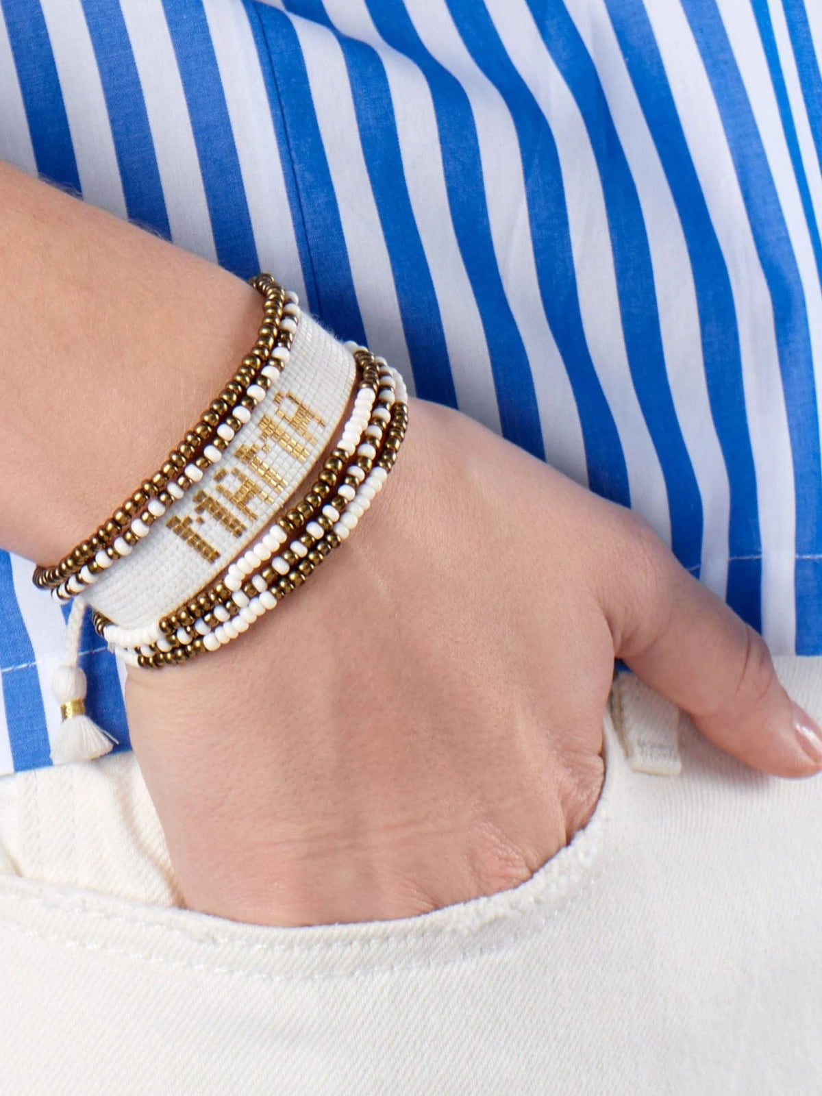 Gabby Mama Adjustable Beaded Bracelet ivory