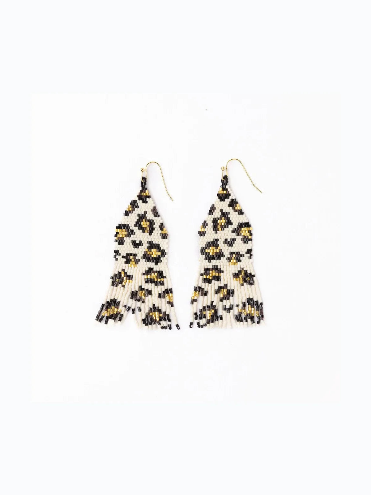 Ink & Alloy Delilah Cheetah Print Beaded Fringe Earrings Ivory Black & Gold