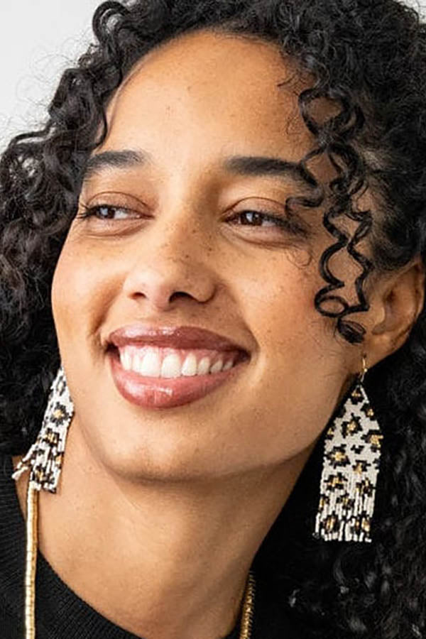 Ink & Alloy Delilah Cheetah Print Beaded Fringe Earrings Ivory Black & Gold