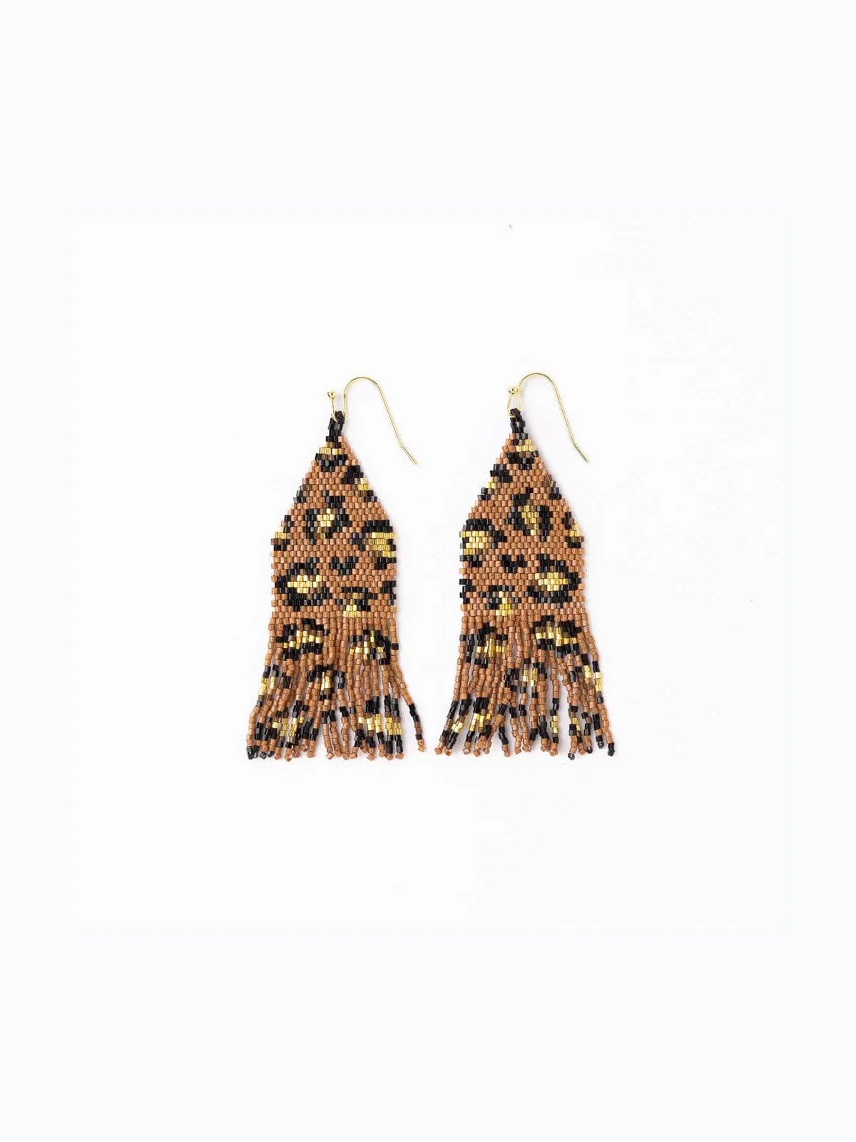 Ink & Alloy Delilah Cheetah Print Beaded Fringe Earrings Mocha Black & Gold