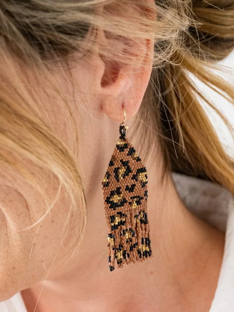 Ink & Alloy Delilah Cheetah Print Beaded Fringe Earrings Mocha Black & Gold