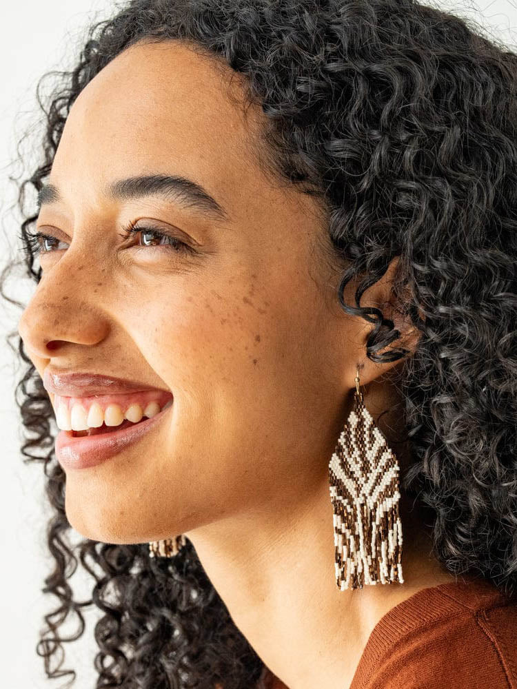 Delilah Zebra Print Beaded Fringe Earrings Bronze Ivory