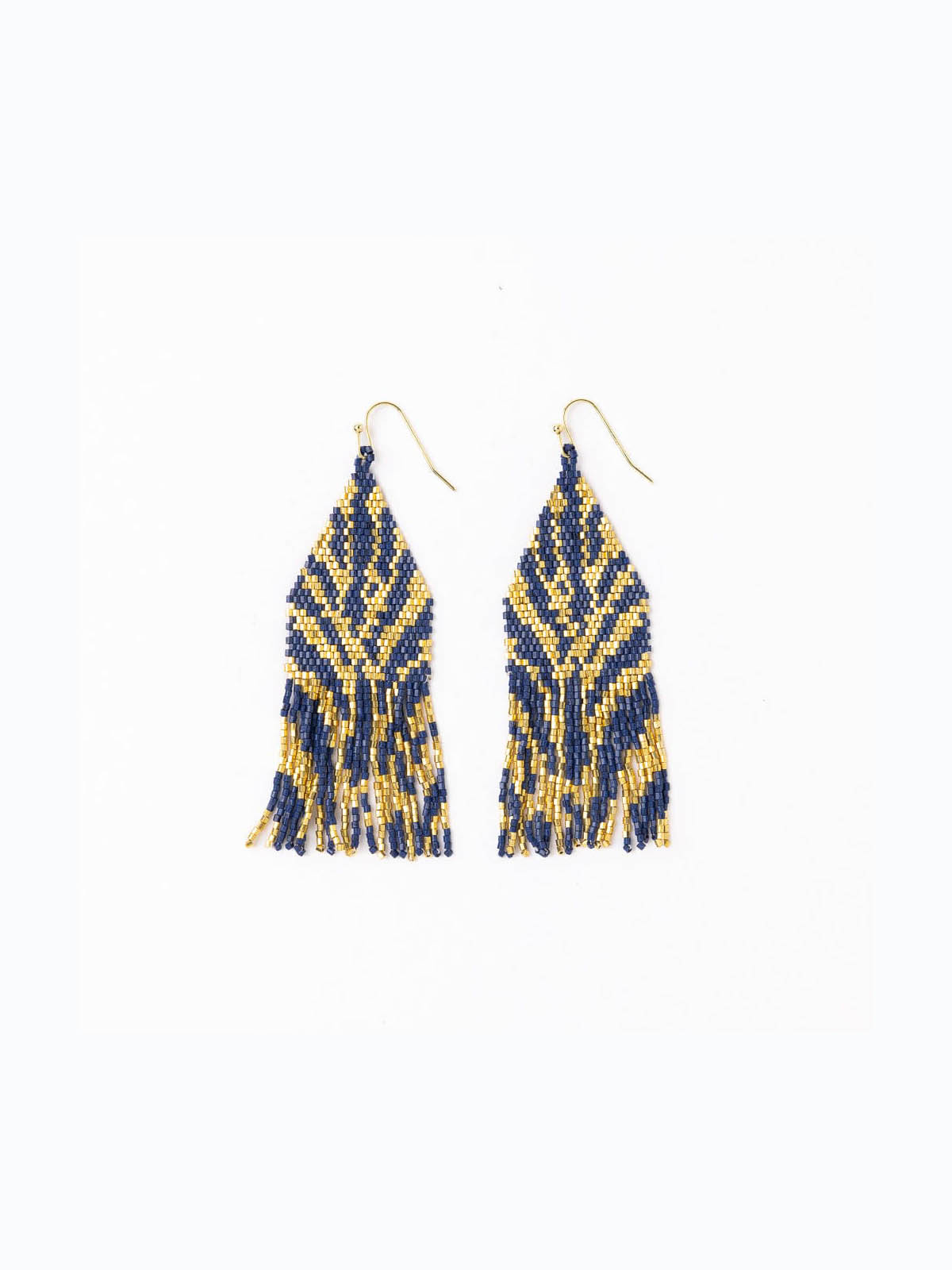 Delilah Zebra Print Beaded Fringe Earrings Navy Gold
