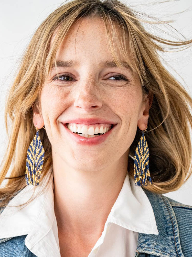 Delilah Zebra Print Beaded Fringe Earrings Navy Gold