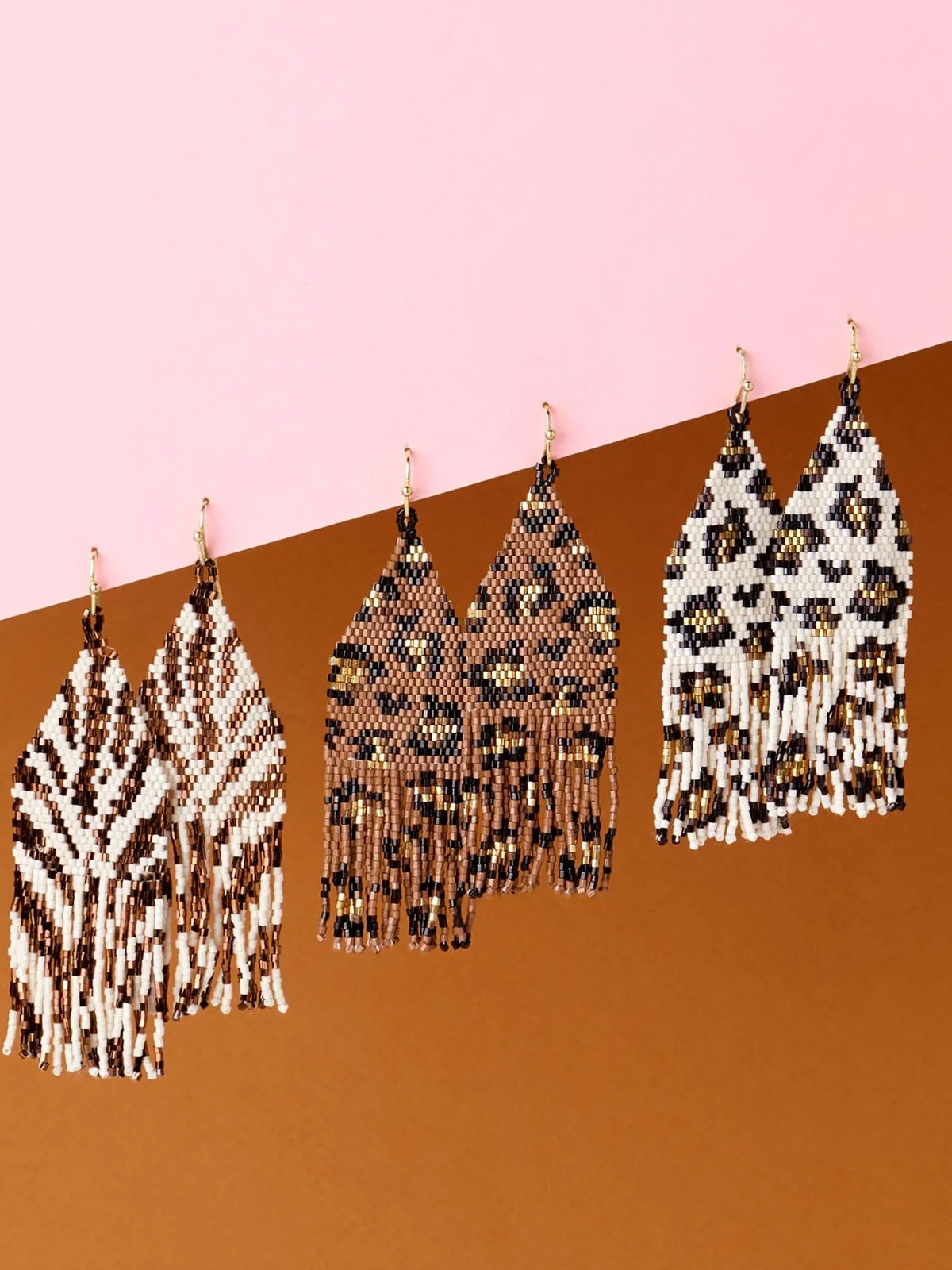 Delilah Zebra Print Beaded Fringe Earrings Bronze Ivory