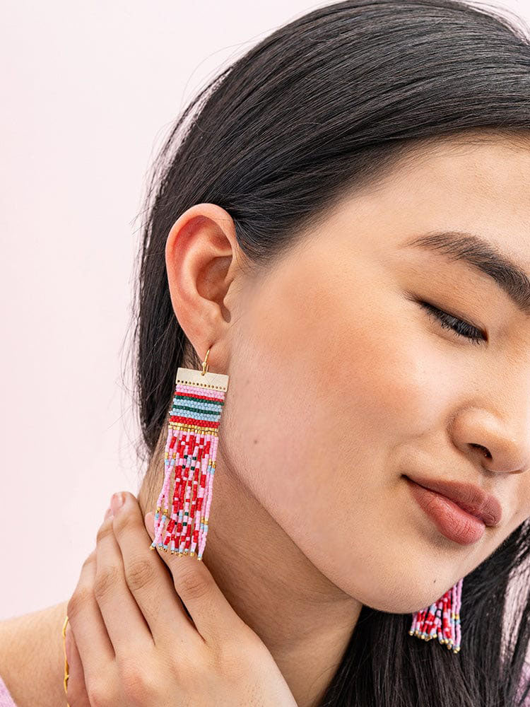 Ink & Alloy Lauren Faire Isle Nordic Beaded Fringe Earrings Pink