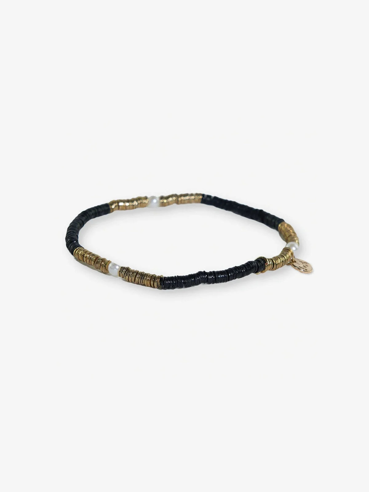 Rory Solid Color Gold & Pearls Small Sequin Stretch Bracelet Black