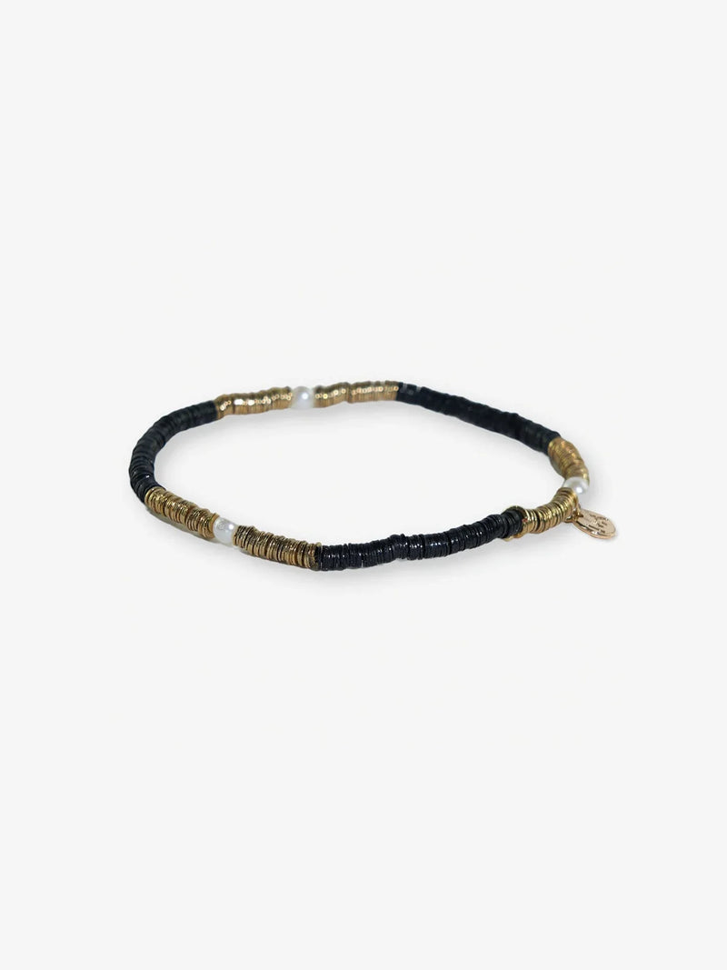 Rory Solid Color Gold & Pearls Small Sequin Stretch Bracelet Black