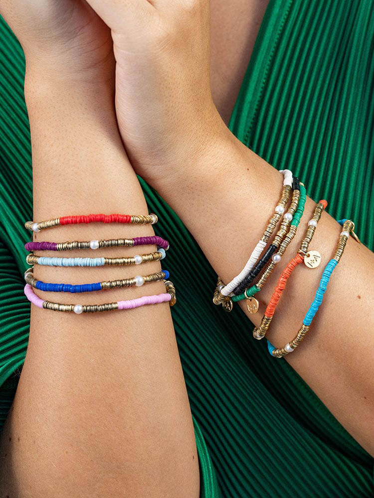 Rory Solid Color Gold & Pearls Small Sequin Stretch Bracelets