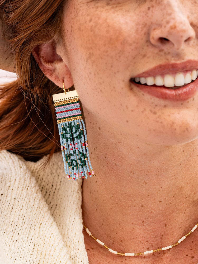 Ink & Alloy Lauren Faire Isle Nordic Beaded Fringe Earrings Blue