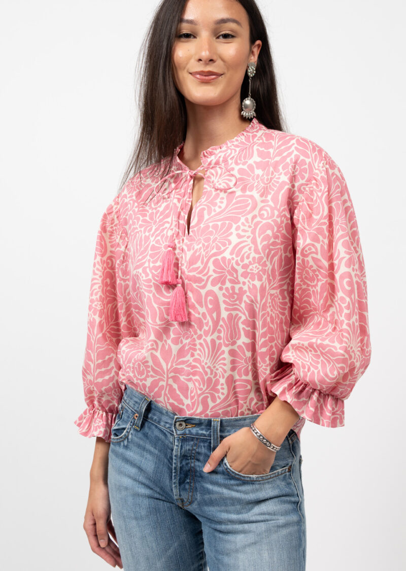 ivy jane balloon sleeve top in pink-front view