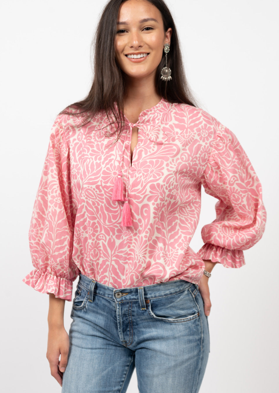 ivy jane balloon sleeve top in pink-front view 3