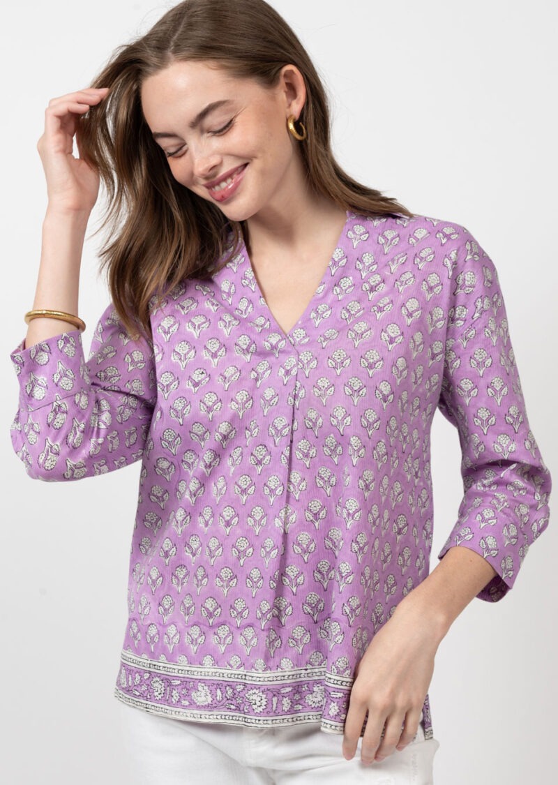 ivy jane block print top in lavender-front