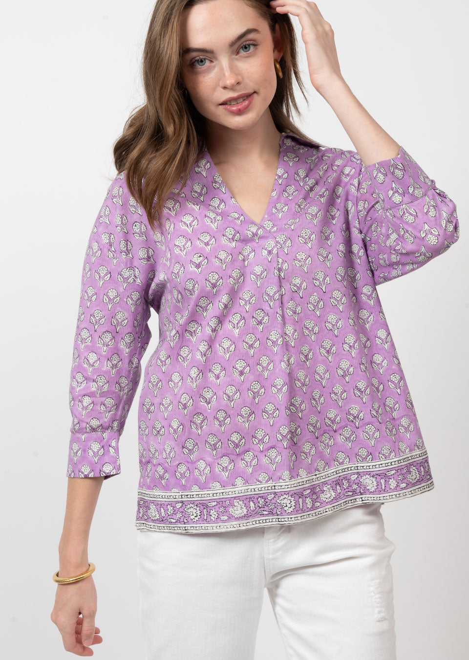 ivy jane block print top in lavender-front