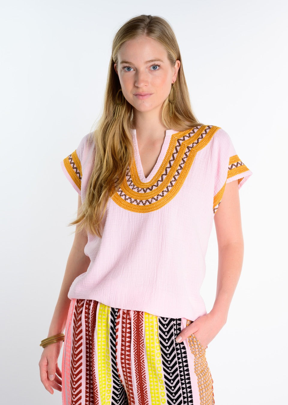Ivy Jane Embroidered neck and sleeve top in pink 