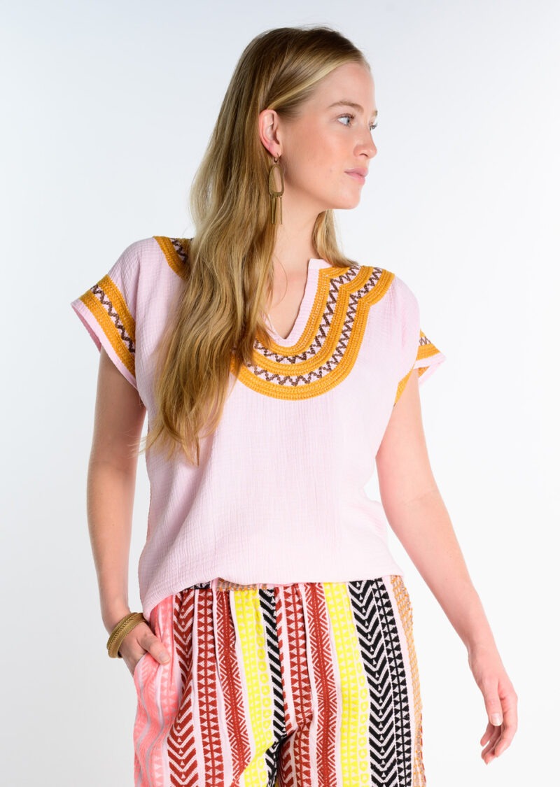 Ivy Jane Embroidered neck and sleeve top in pink 