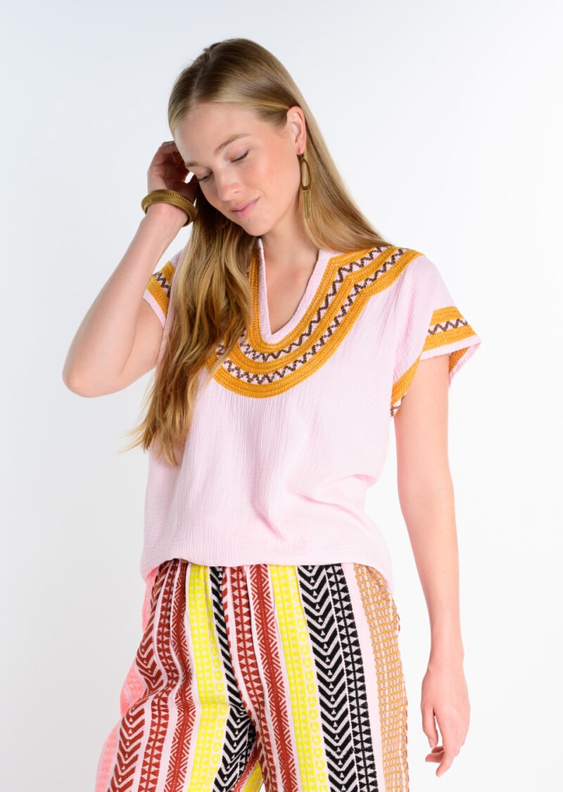 Ivy Jane Embroidered neck and sleeve top in pink 