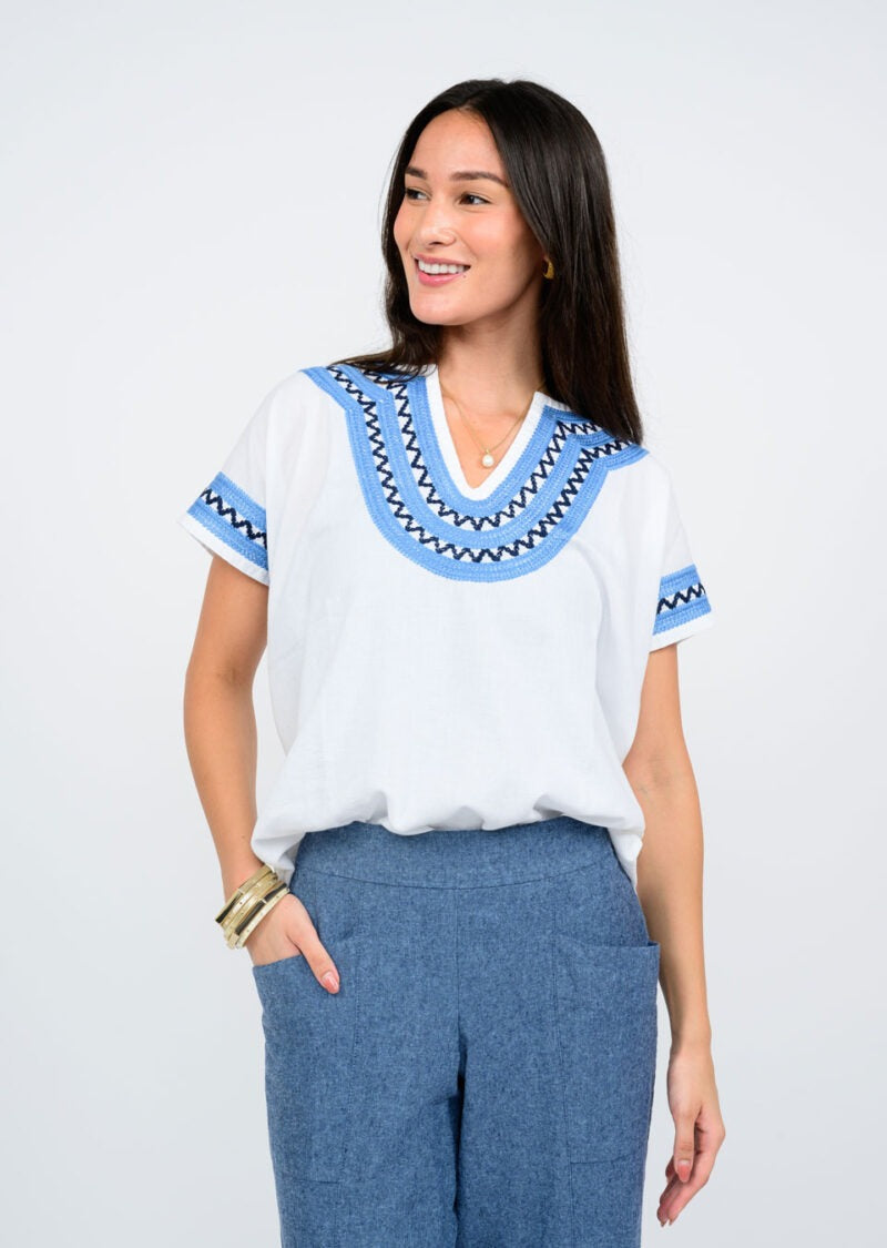 Ivy Jane Embroidered Border Neck + Sleeve Top in white and blue