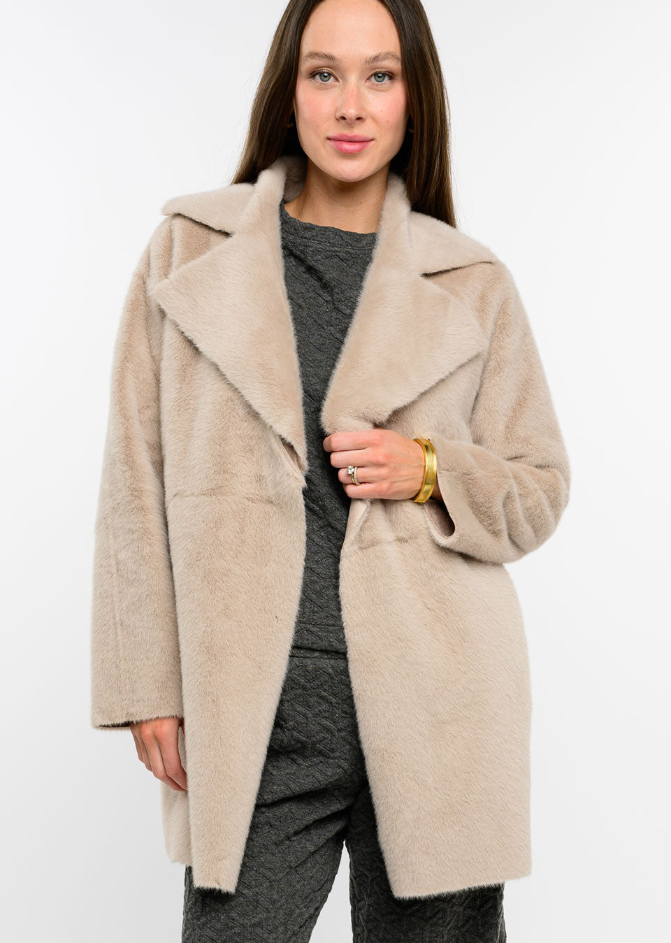 Ivy Jane Faux Fur + Suede Coat in smoke-front