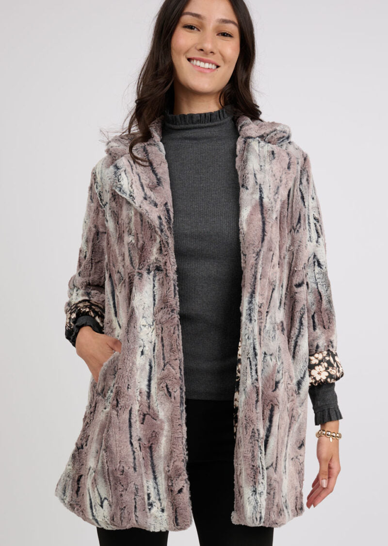 Ivy Jane Faux Mountain Fox Coat in pewter-front