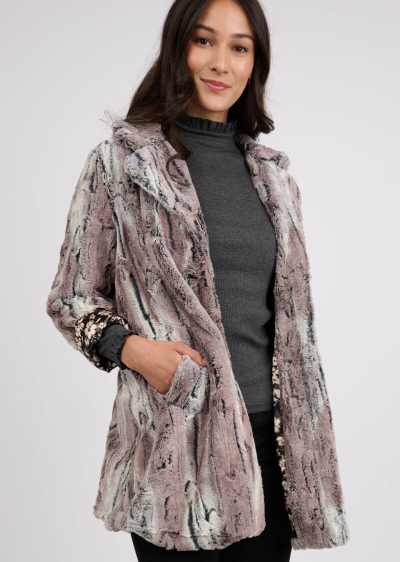 Ivy Jane Faux Mountain Fox Coat in pewter-front