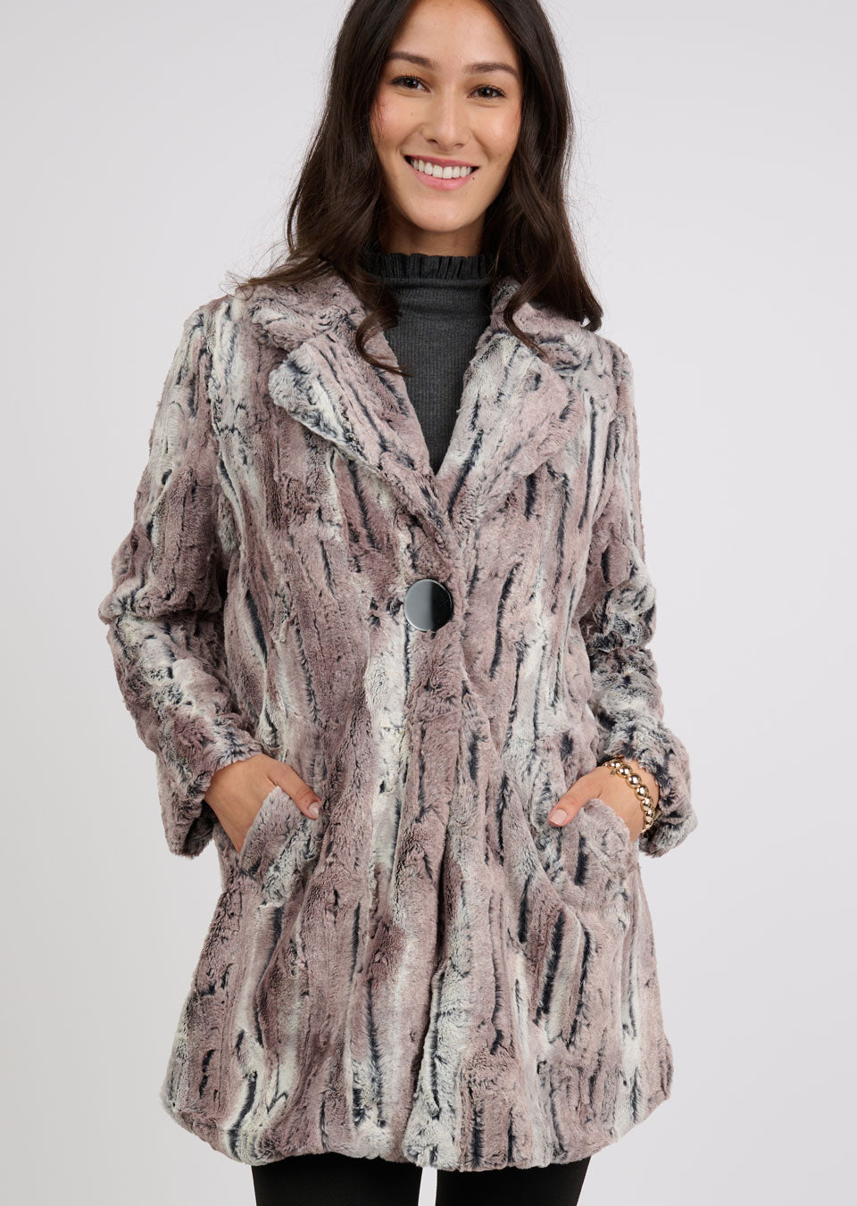 Ivy Jane Faux Mountain Fox Coat in pewter-front