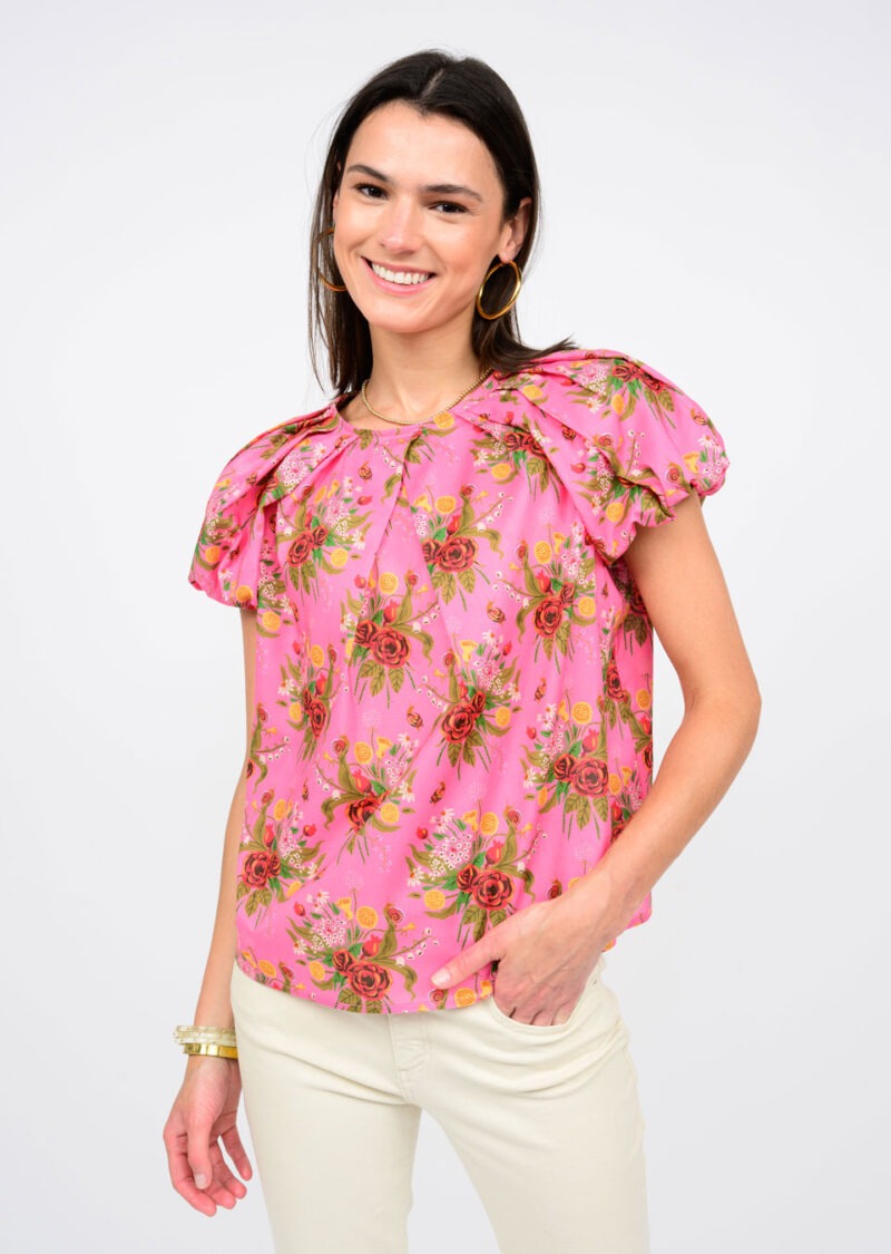 Ivy Jane Floral Pleat Neck Puff Sleeve Top in pink 