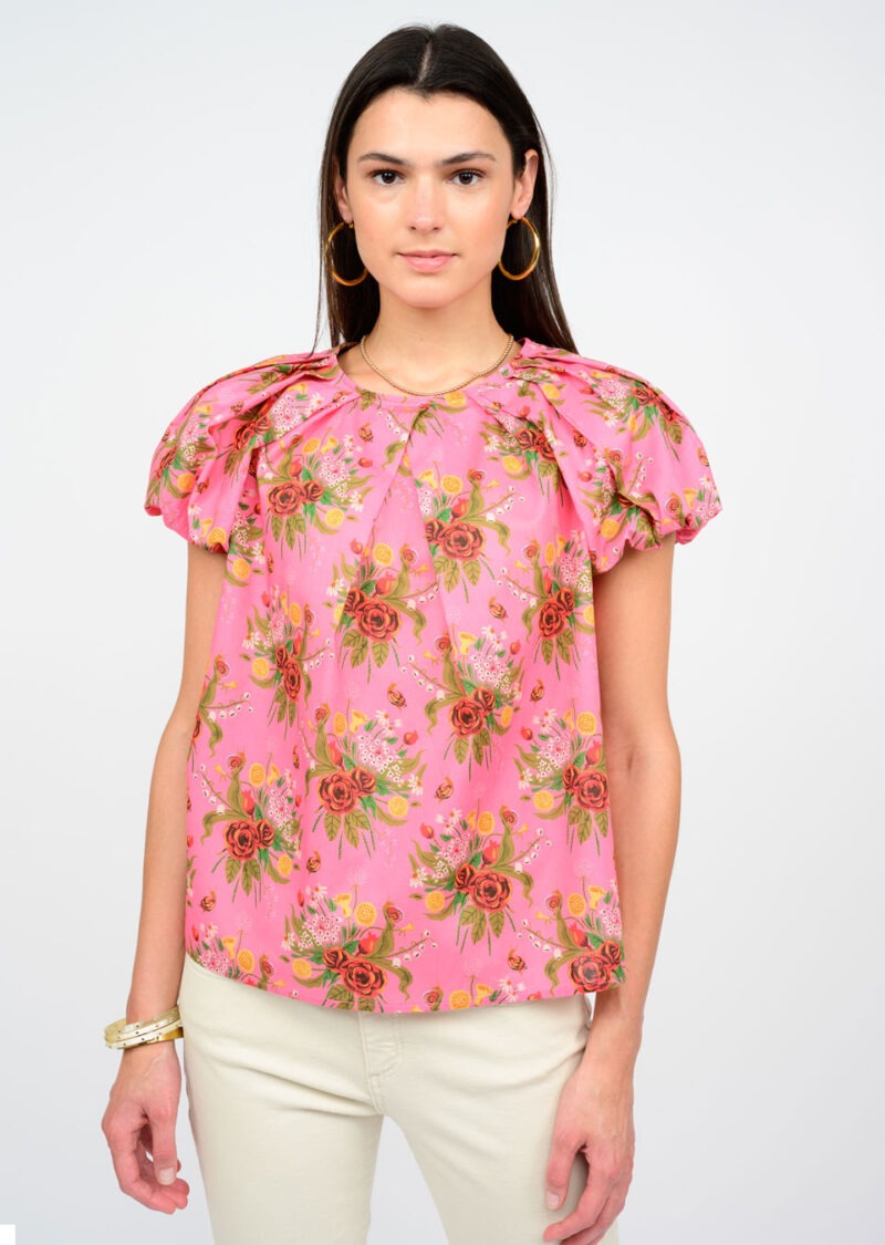 Ivy Jane Floral Pleat Neck Puff Sleeve Top in pink 