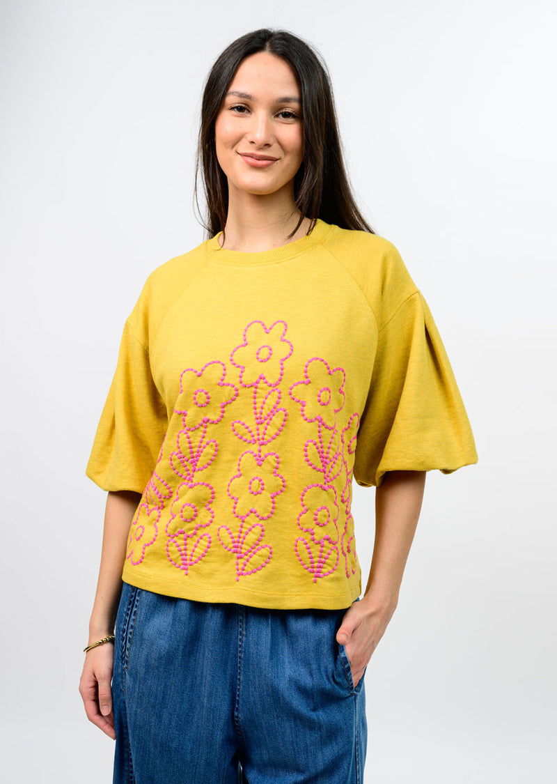 Ivy Jane French terry crewneck with floral embroidery - gold 