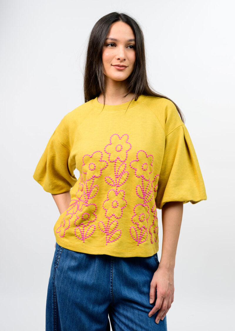 Ivy Jane French terry crewneck with floral embroidery - gold 