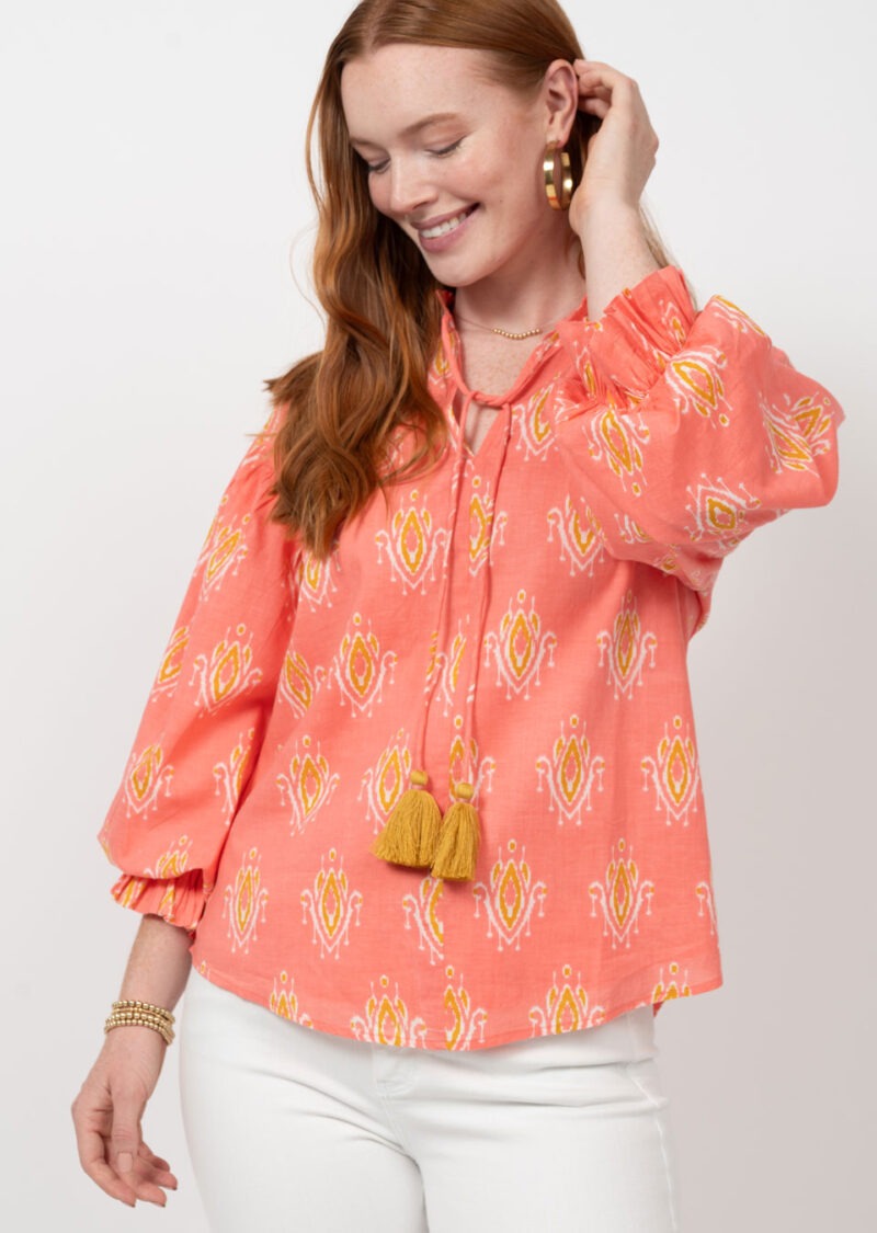 ivy jane ikat blouson sleeve top in coral-front