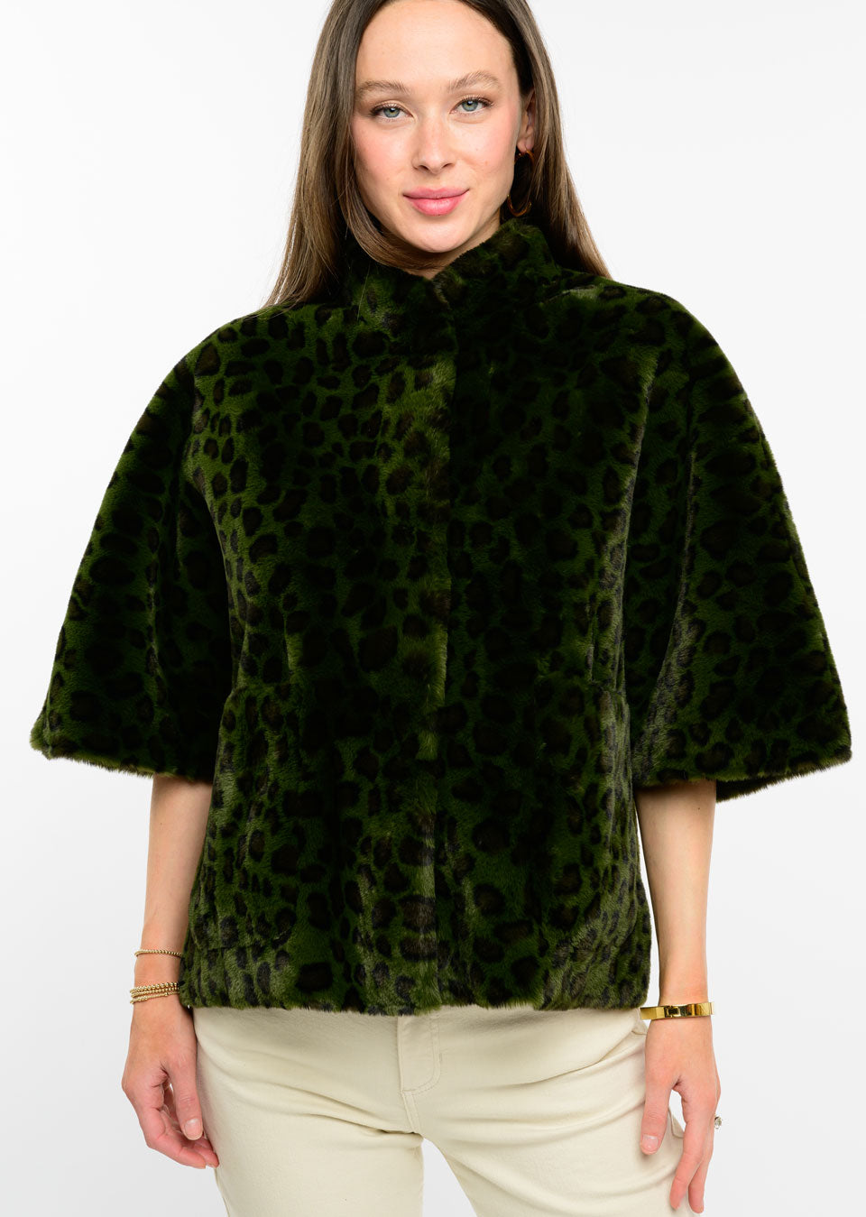 Ivy Jane Leopard Faux Capelet Jacket in hunter-front