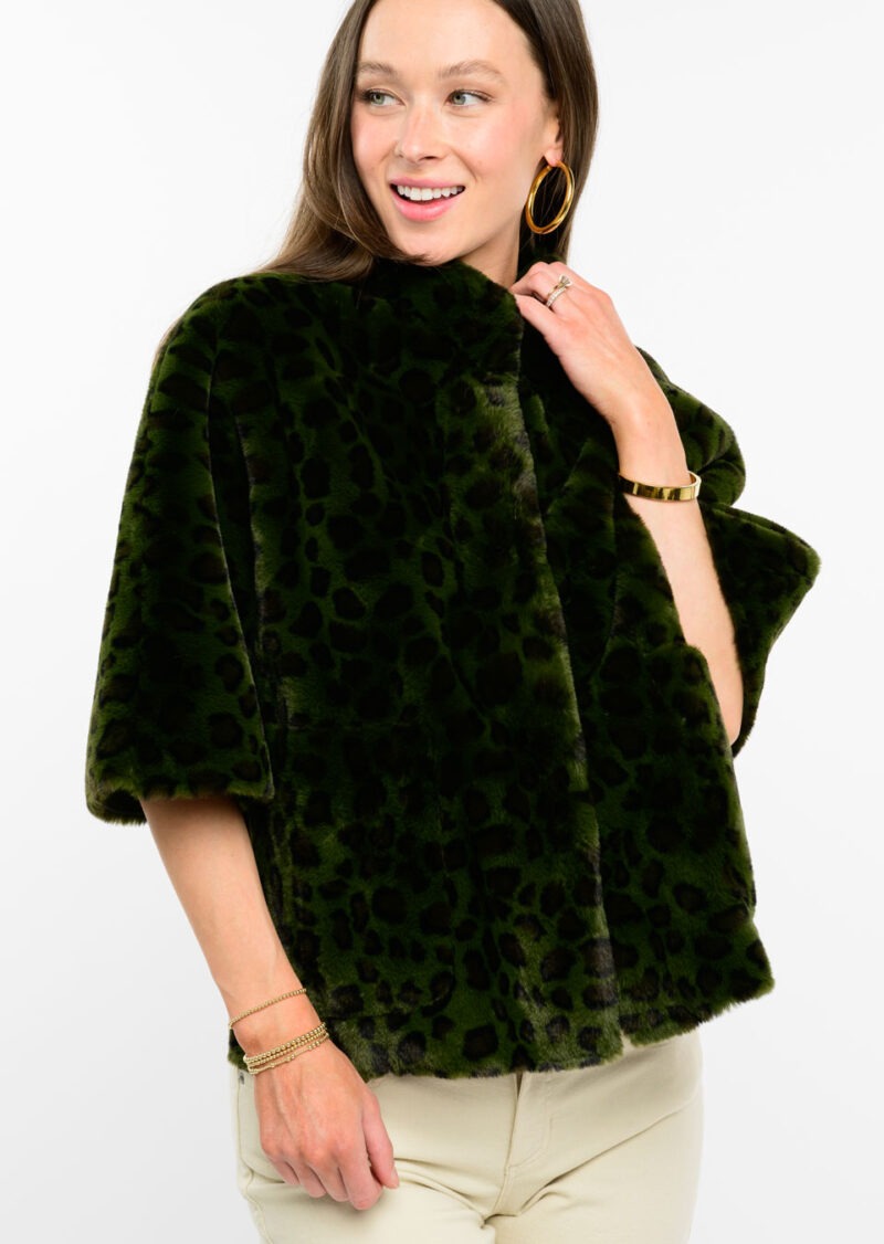 Ivy Jane Leopard Faux Capelet Jacket in hunter-front