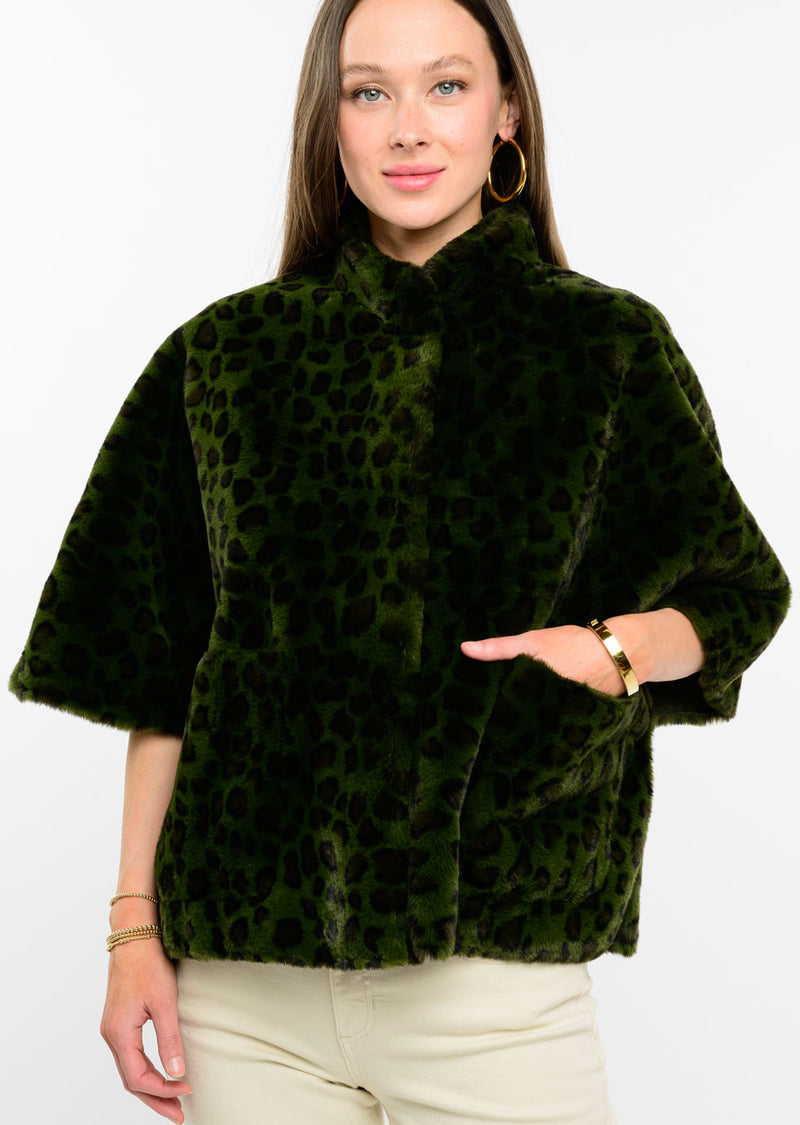 Ivy Jane Leopard Faux Capelet Jacket in hunter-front