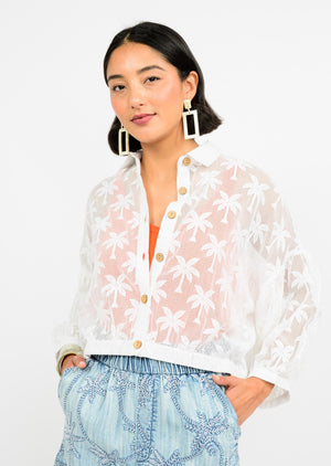 Ivy Jane Palm Mesh Button Shacket in ivory 