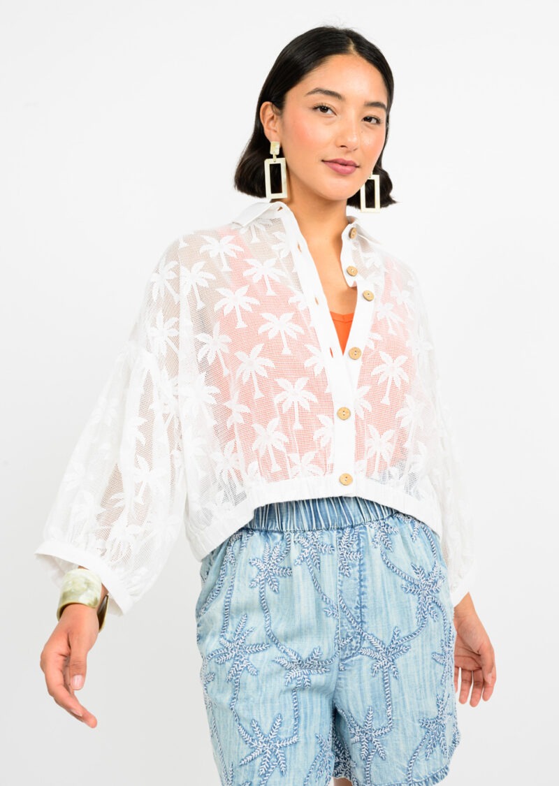 Ivy Jane Palm Mesh Button Shacket in ivory 