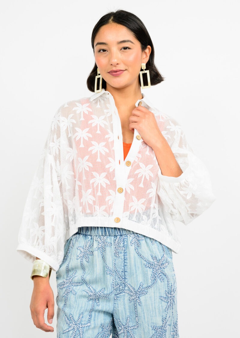 Ivy Jane Palm Mesh Button Shacket in ivory 