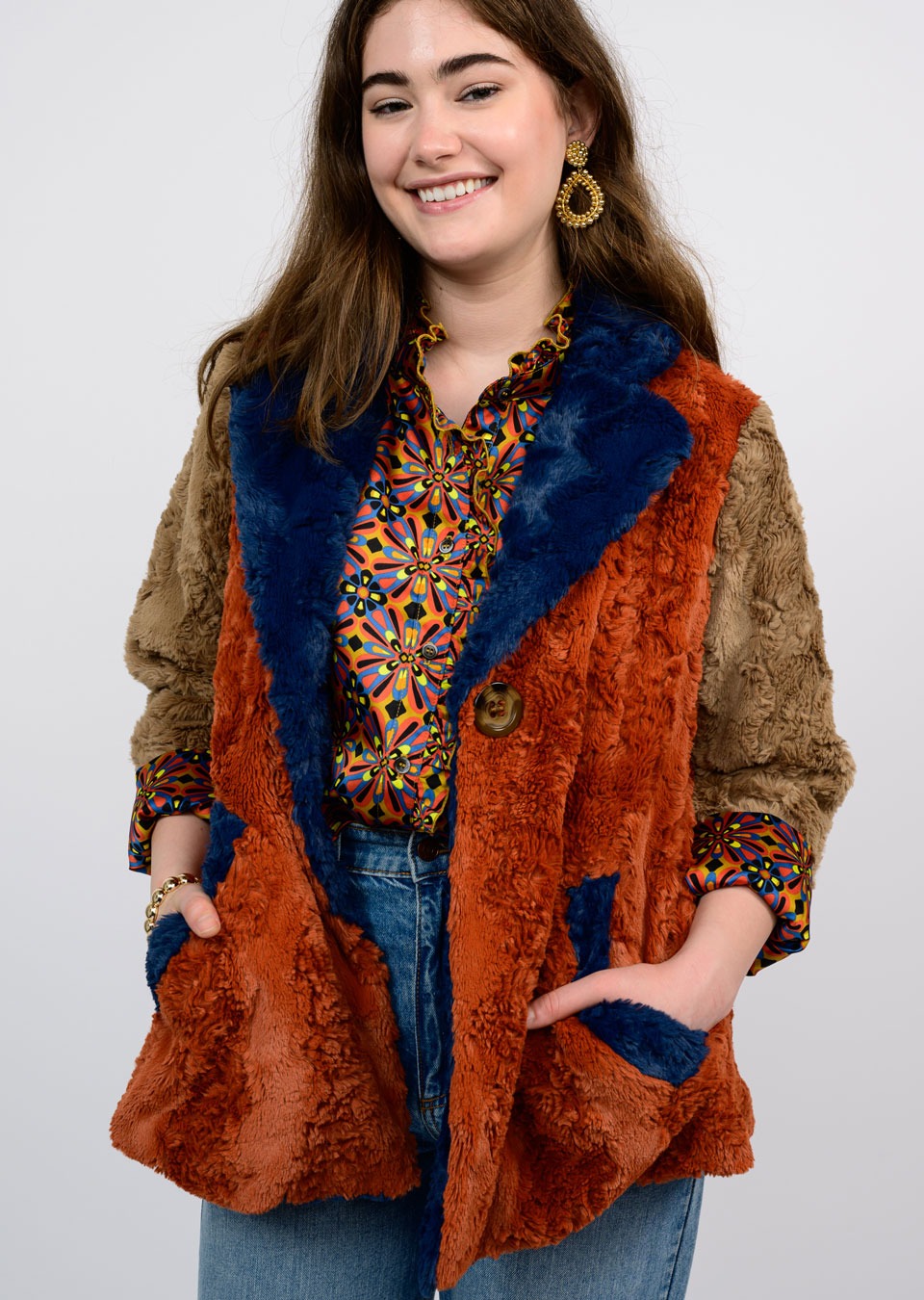 Ivy Jane Patchwork Fur Jacket in multi-front